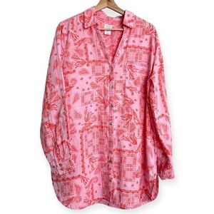 Sigrid Olsen 100% Linen Novelty Beach Print Tunic, Pink/Orange, Size Large.
